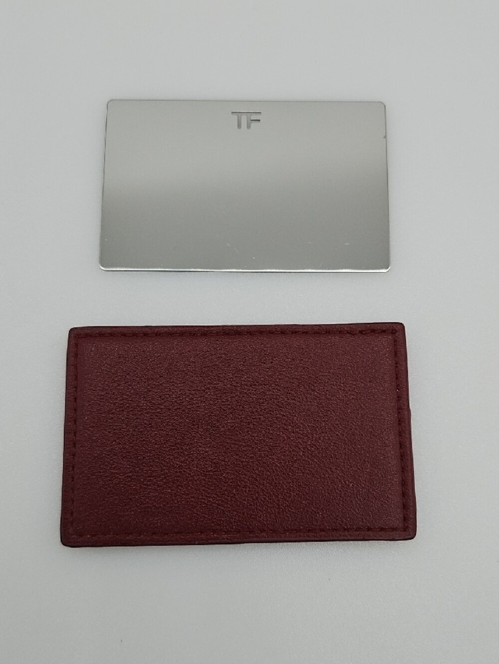 Tom Ford Silver Mirror Card with Burgundy Leather Card Sleeve